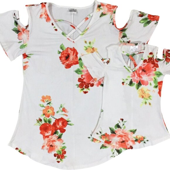 Little Girls Kids Cold Shoulder off Shoulder Floral Flower Cross Top T-shirt New - Picture 1 of 4